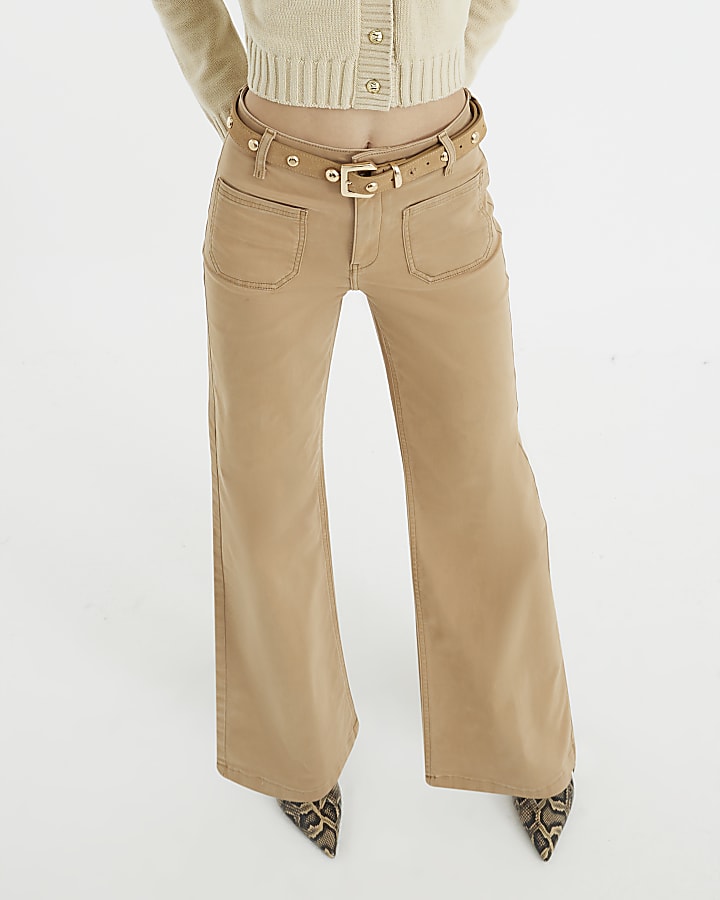 Beige Pocket Front Wide Leg Jeans