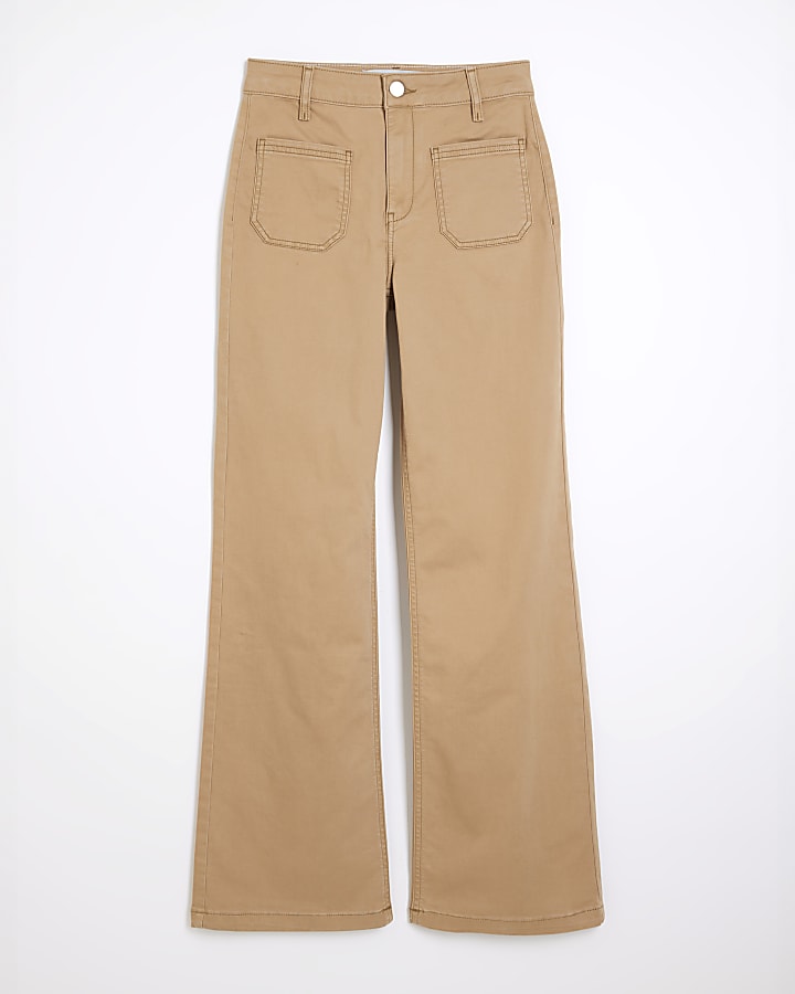 Beige Pocket Front Wide Leg Jeans