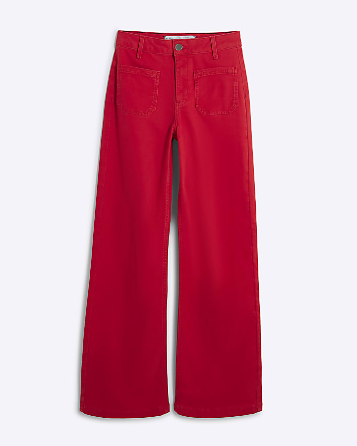 Red Pocket Front Wide Leg Jeans