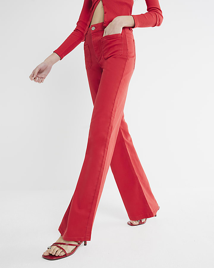 Red Pocket Front Wide Leg Jeans