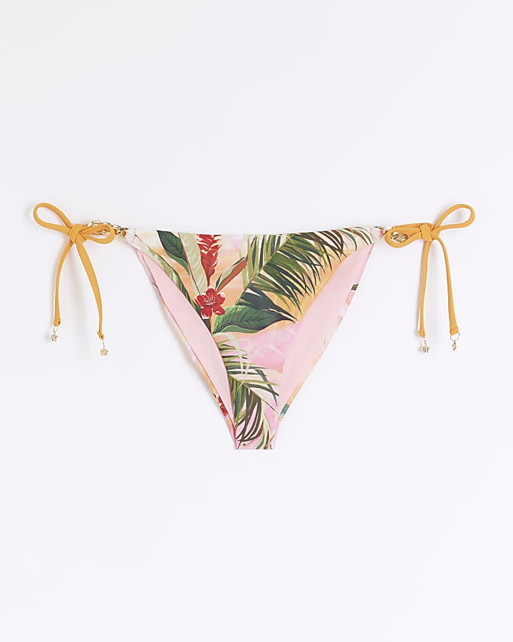 Pink Tropical Print Tie Side Bikini Bottoms