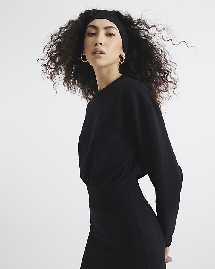 Black Long Sleeve Midi Sweatshirt Dress