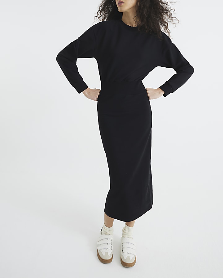 Black Long Sleeve Midi Sweatshirt Dress