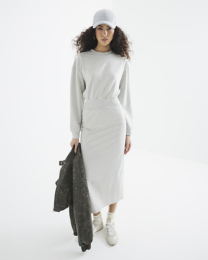 Grey Long Sleeve Midi Sweatshirt Dress