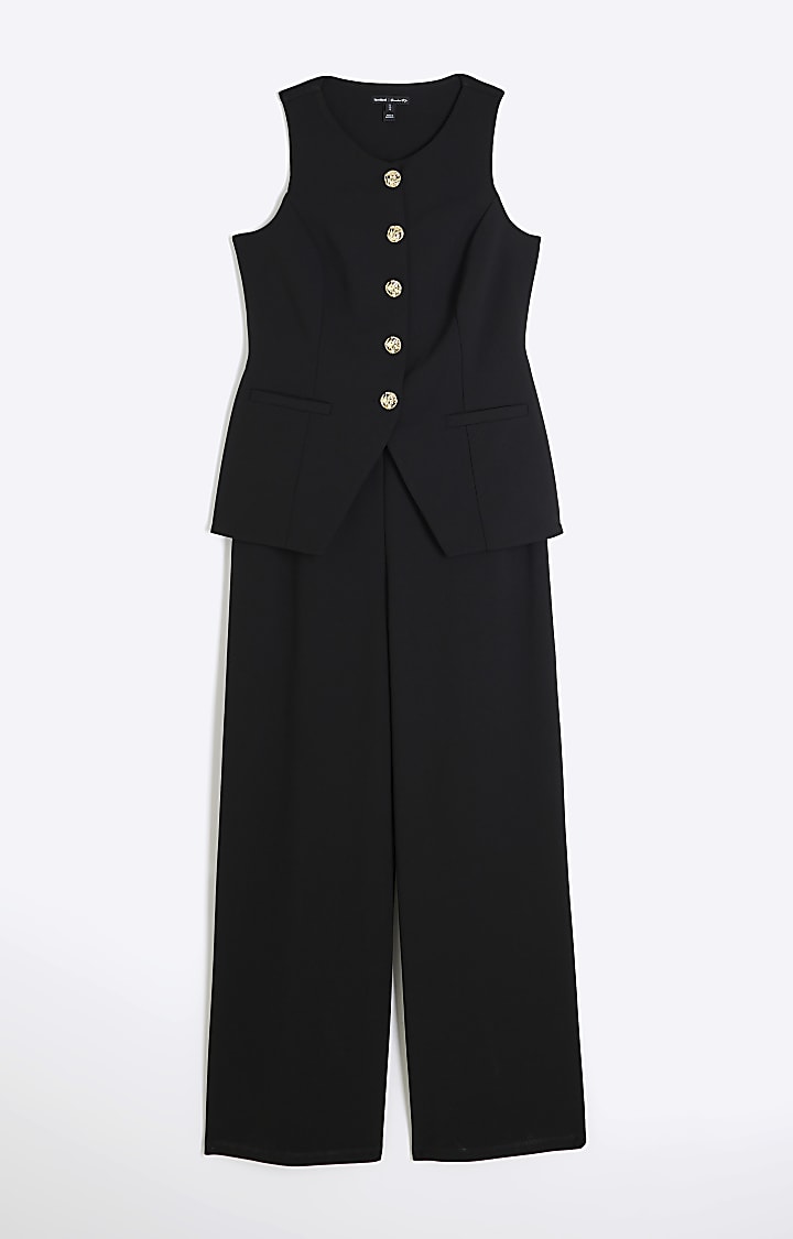 Petite Black Longline Waistcoat Jumpsuit