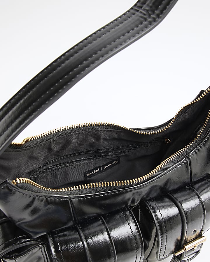 Black Buckle Pocket Utility Shoulder Bag