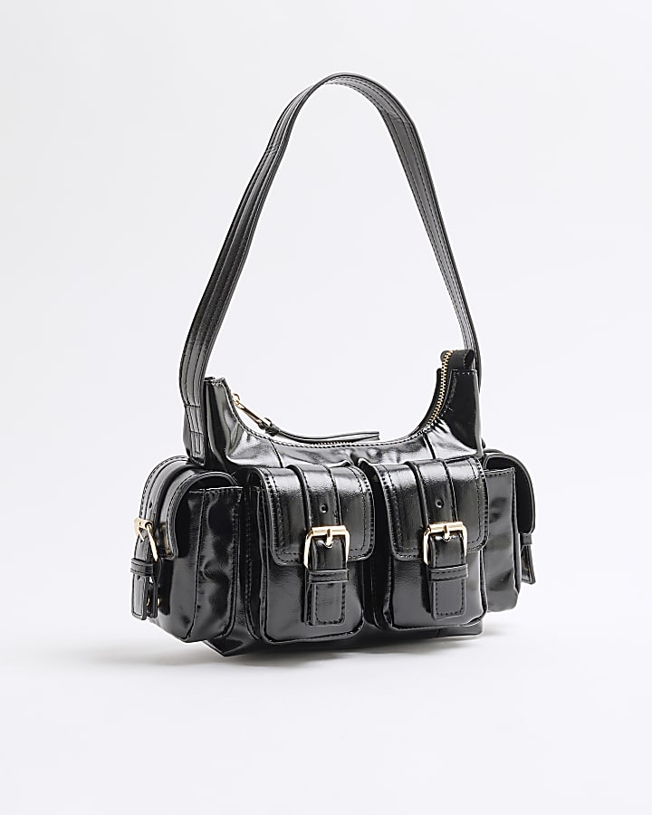 Black Buckle Pocket Utility Shoulder Bag