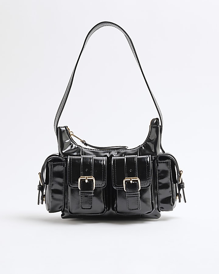 Black Buckle Pocket Utility Shoulder Bag