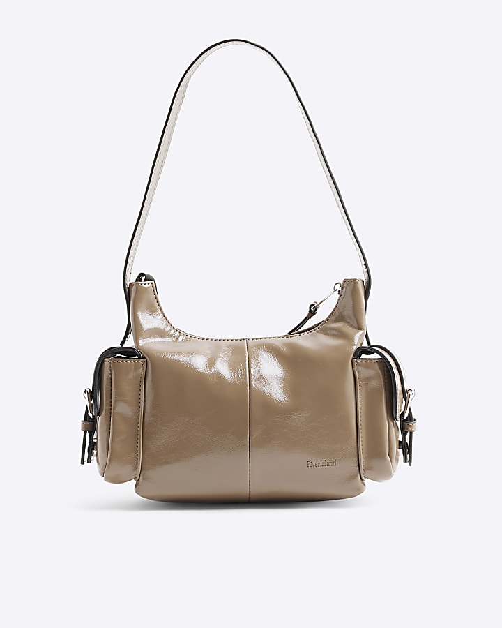 Brown Buckle Pocket Utility Shoulder Bag