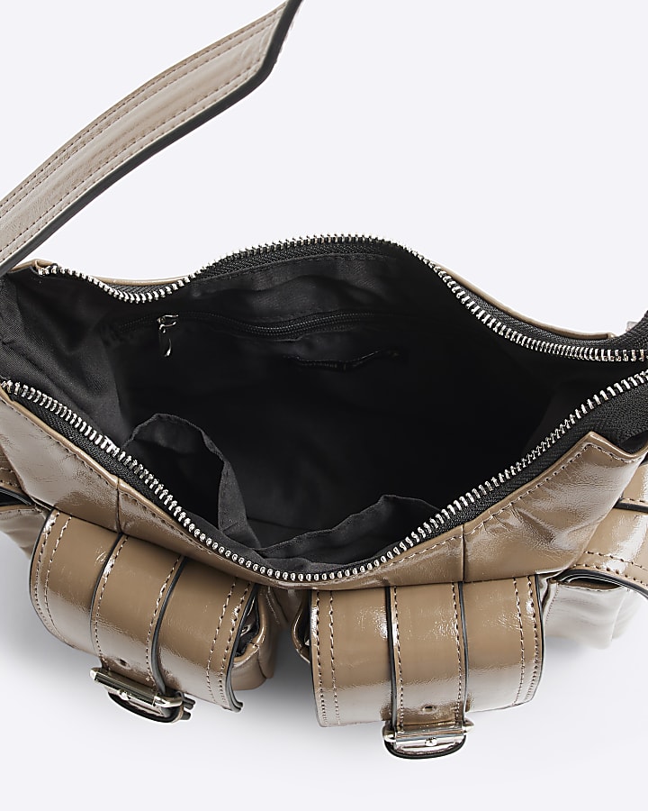 Brown Buckle Pocket Utility Shoulder Bag