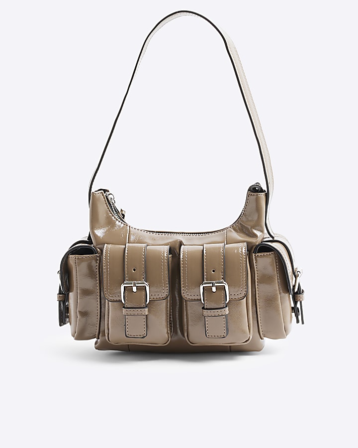 Brown Buckle Pocket Utility Shoulder Bag