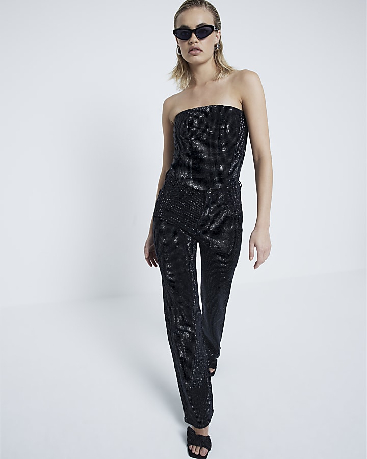 Black Diamante Bandeau Denim Corset Top
