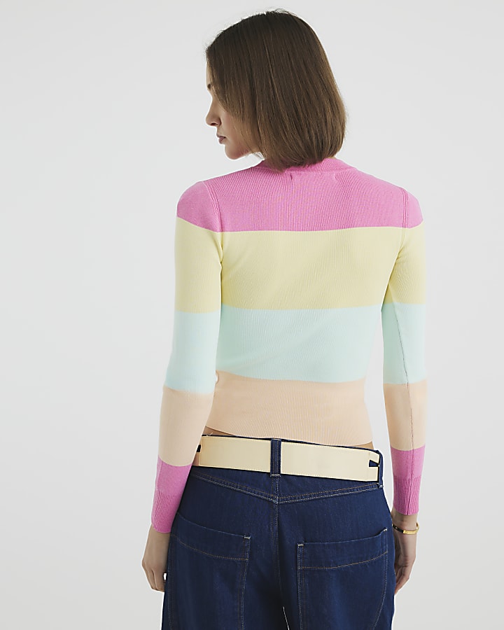 Pink Long Sleeve Stripe Knitted Jumper