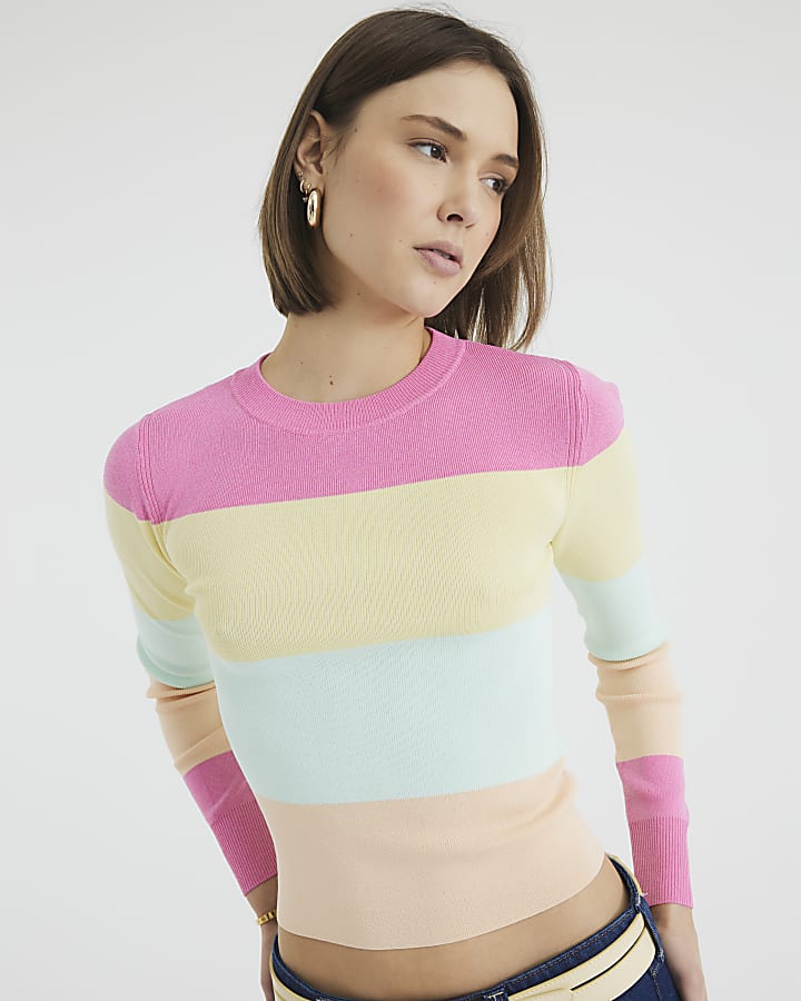 Pink Long Sleeve Stripe Knitted Jumper