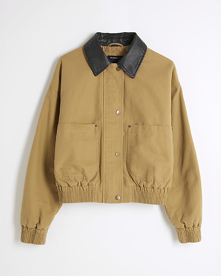 Beige Faux Leather Collar Bomber Jacket