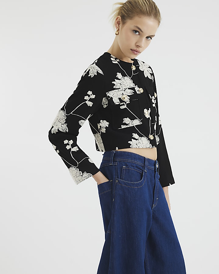 Black Floral Embroidered Collarless Jacket