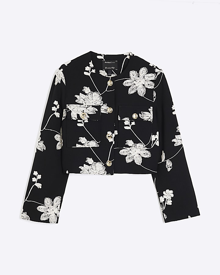 Black Floral Embroidered Collarless Jacket