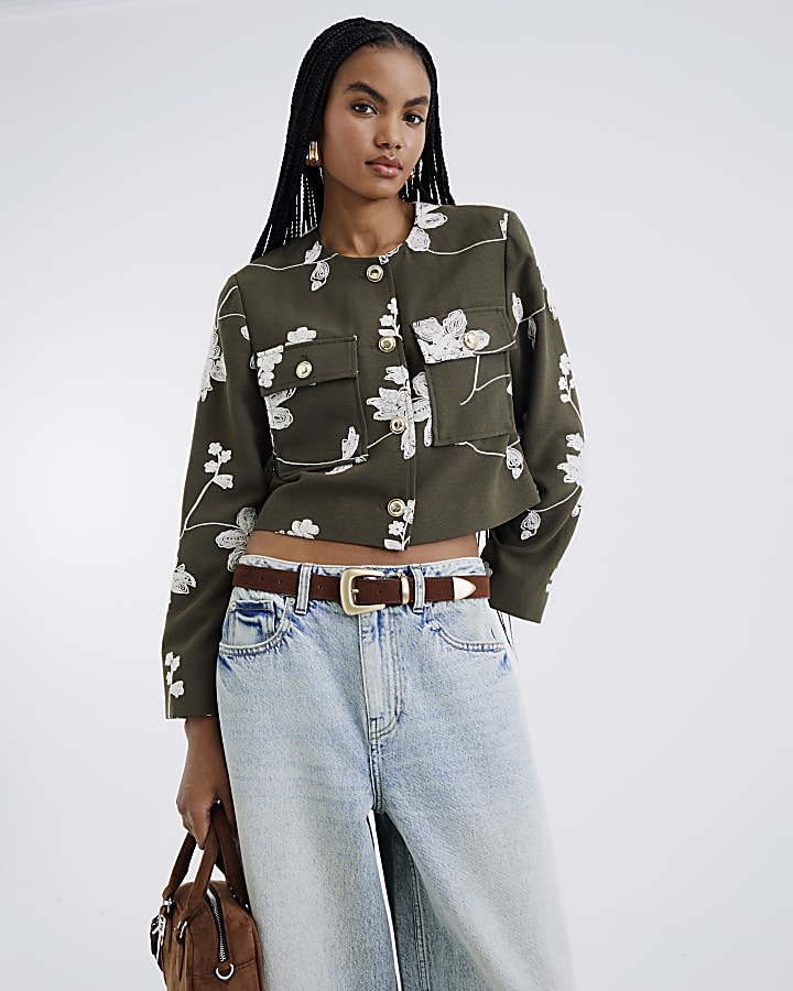 Khaki Embroidered Collarless Jacket