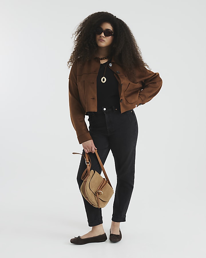 Brown Faux Suede Cropped Overshirt