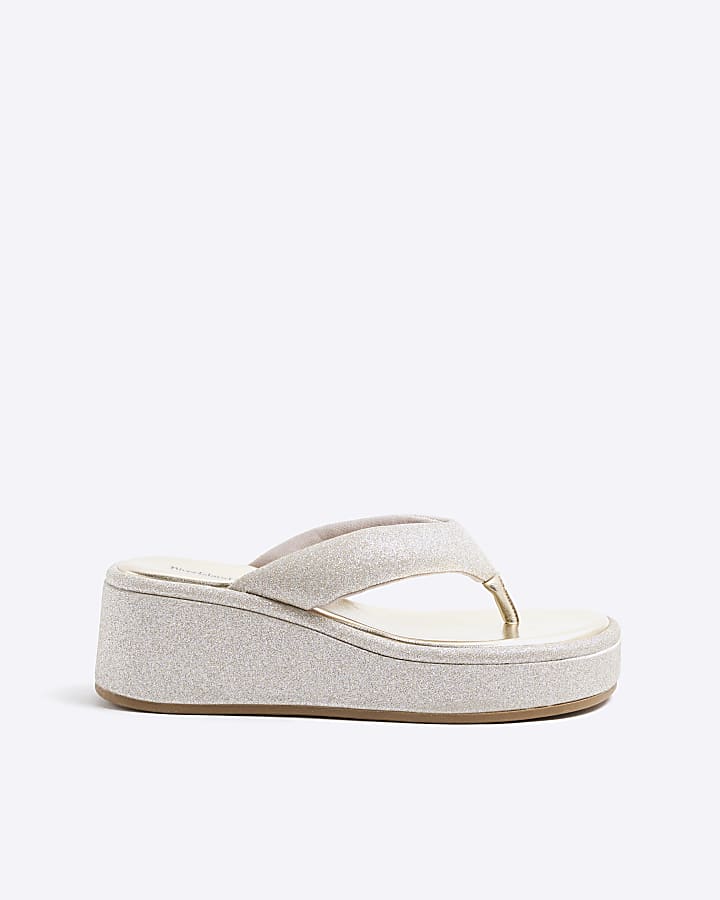 Silver Toe Shimmer Thong Wedge Sandals