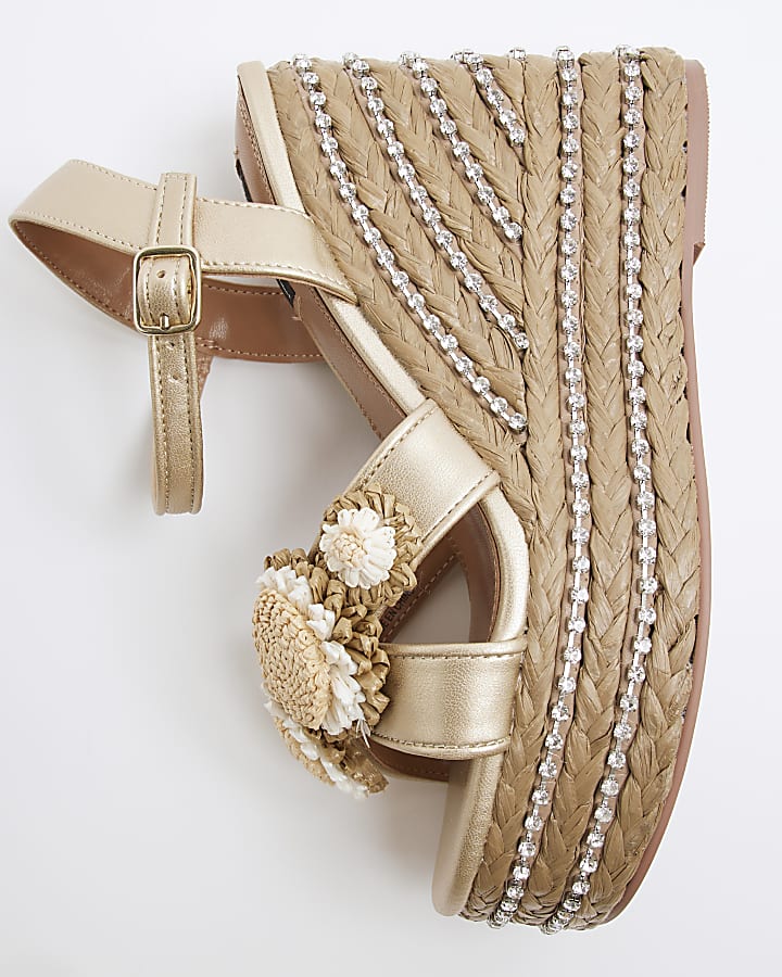 Beige Raffia Flower Platform Wedge Sandals