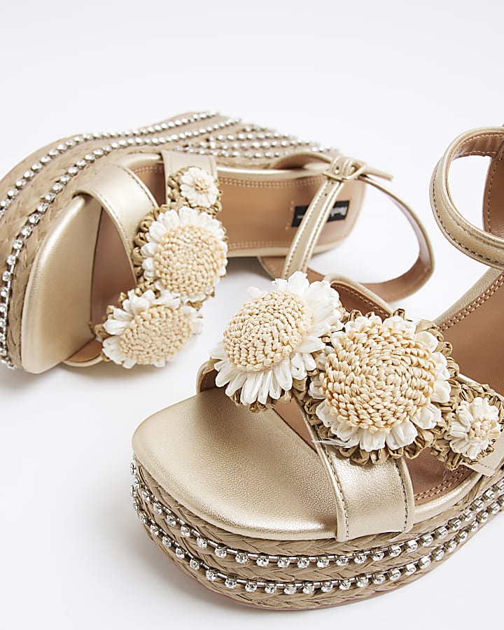 Beige Raffia Flower Platform Wedge Sandals