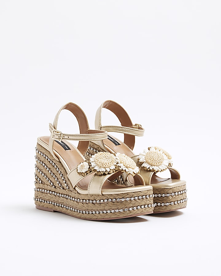 Beige Raffia Flower Platform Wedge Sandals