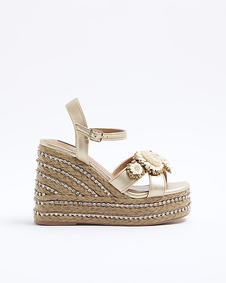 Beige Raffia Flower Platform Wedge Sandals