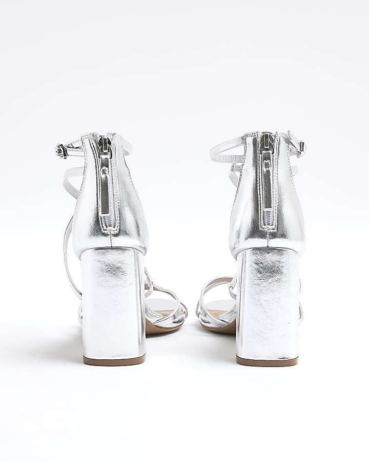 Silver Strappy Blocked Heel Sandals