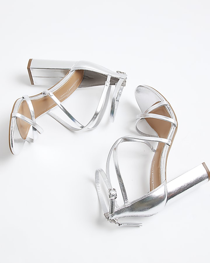 Silver Strappy Blocked Heel Sandals