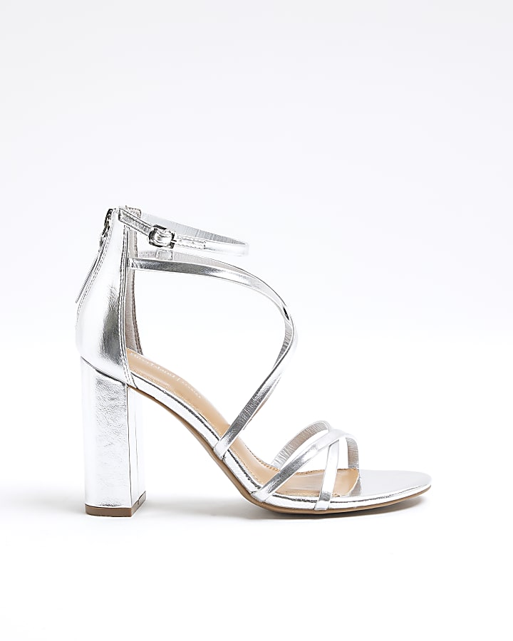 Silver Strappy Blocked Heel Sandals