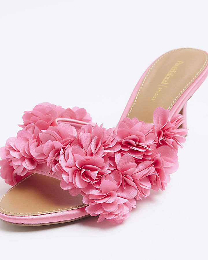 Pink Flower Heeled Mule Sandals