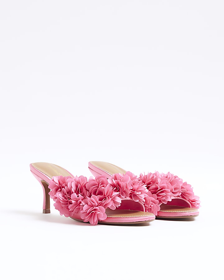 Pink Flower Heeled Mule Sandals