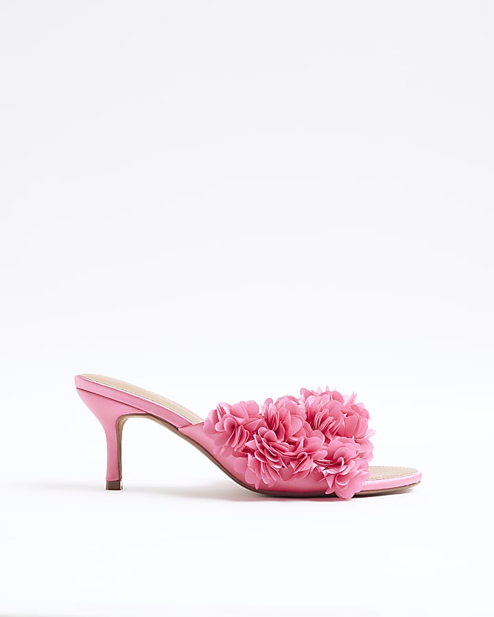 Pink Flower Heeled Mule Sandals