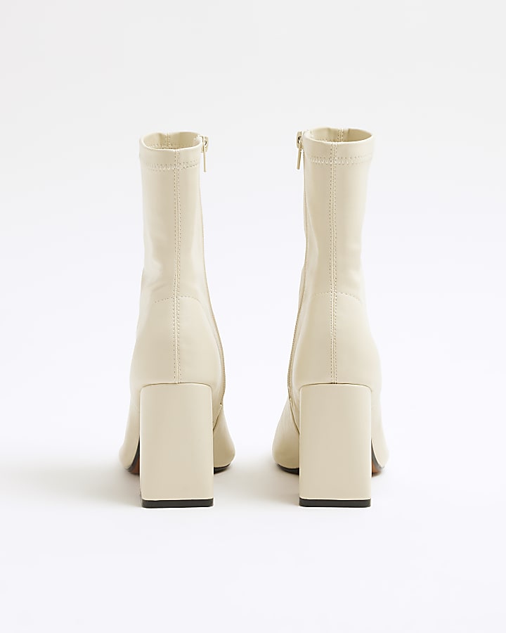 Cream Faux Leather Block Heeled Boots