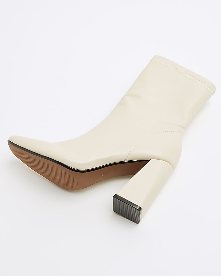 Cream Faux Leather Block Heeled Boots