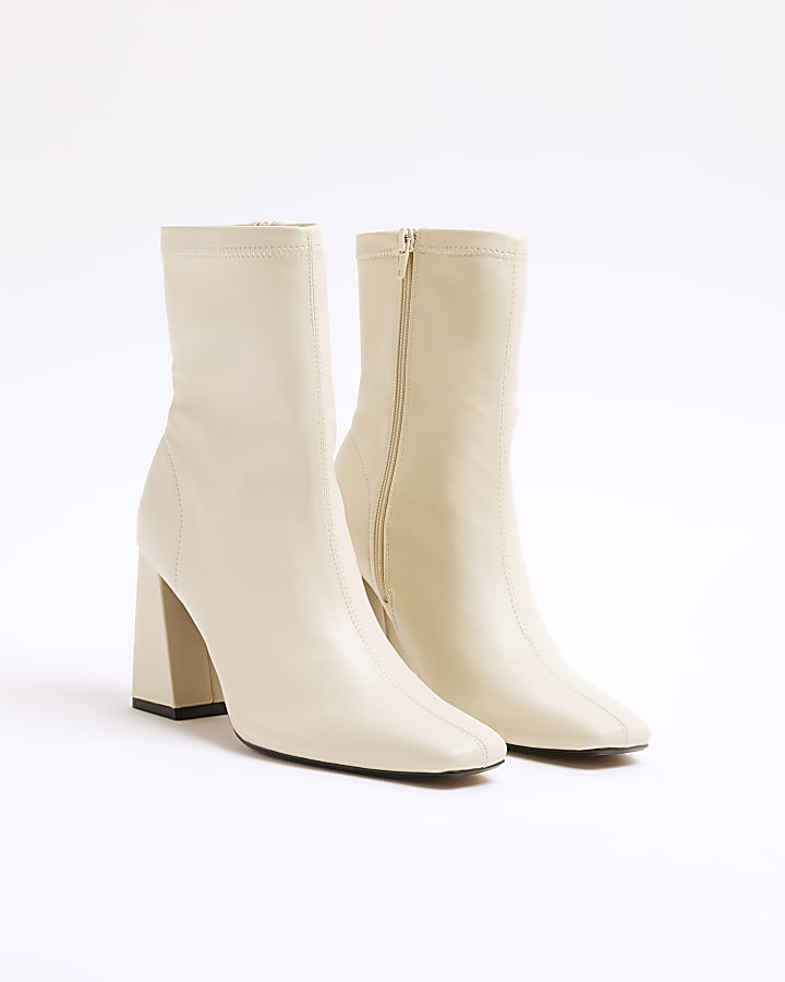 Cream Faux Leather Block Heeled Boots