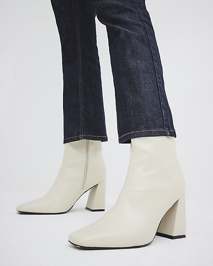 Cream Faux Leather Block Heeled Boots