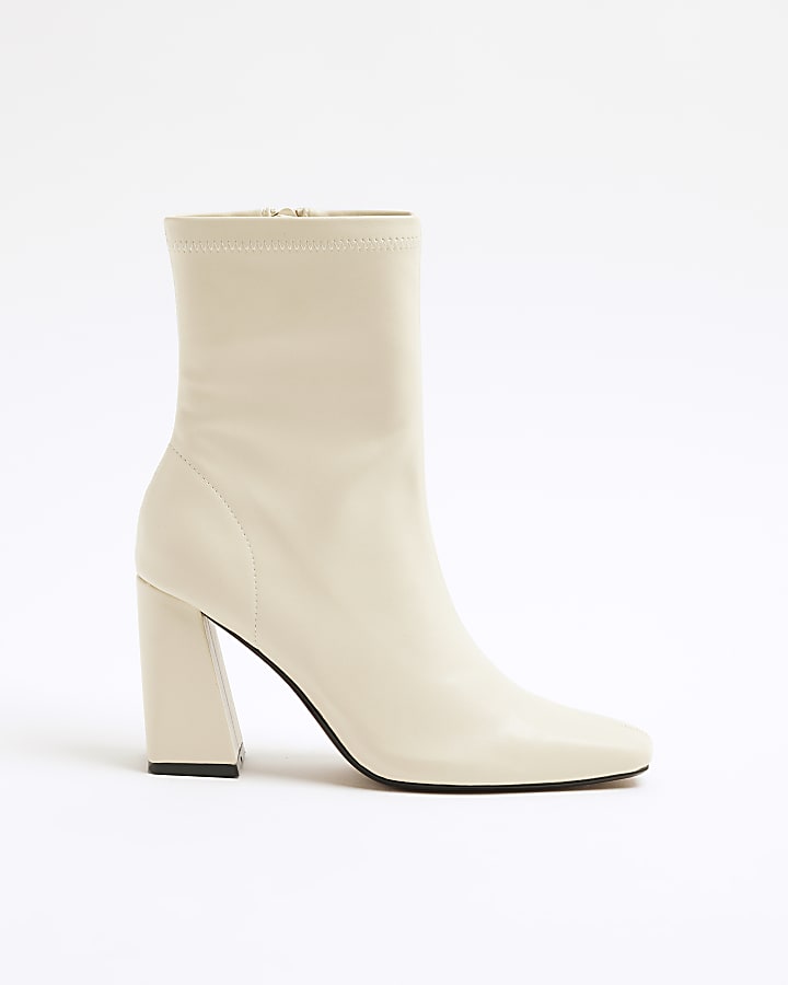 Cream Faux Leather Block Heeled Boots