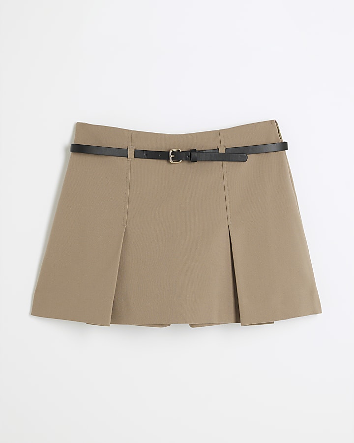 Beige Belted Tailored Mini Skort