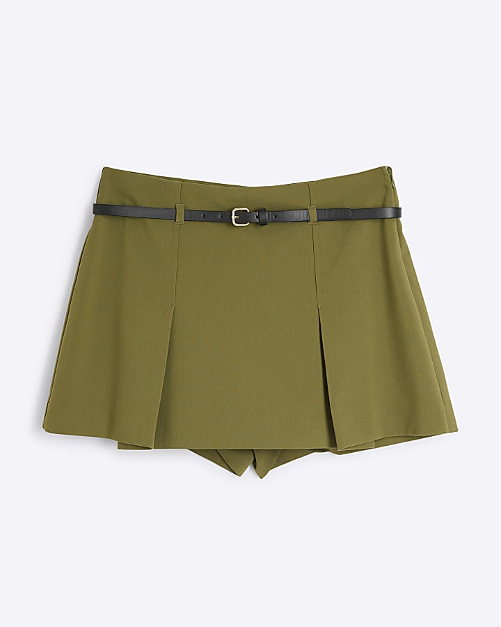 Khaki Belted Tailored Mini Skort