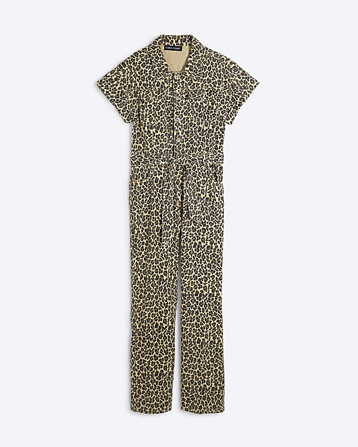 Beige Denim Leopard Print Jumpsuit