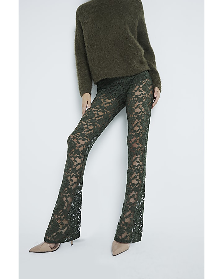 Green Lace Bootcut Flare Trousers