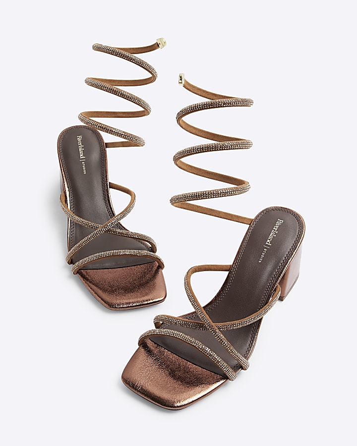 Bronze Swirl Diamante Block Heeled Sandals