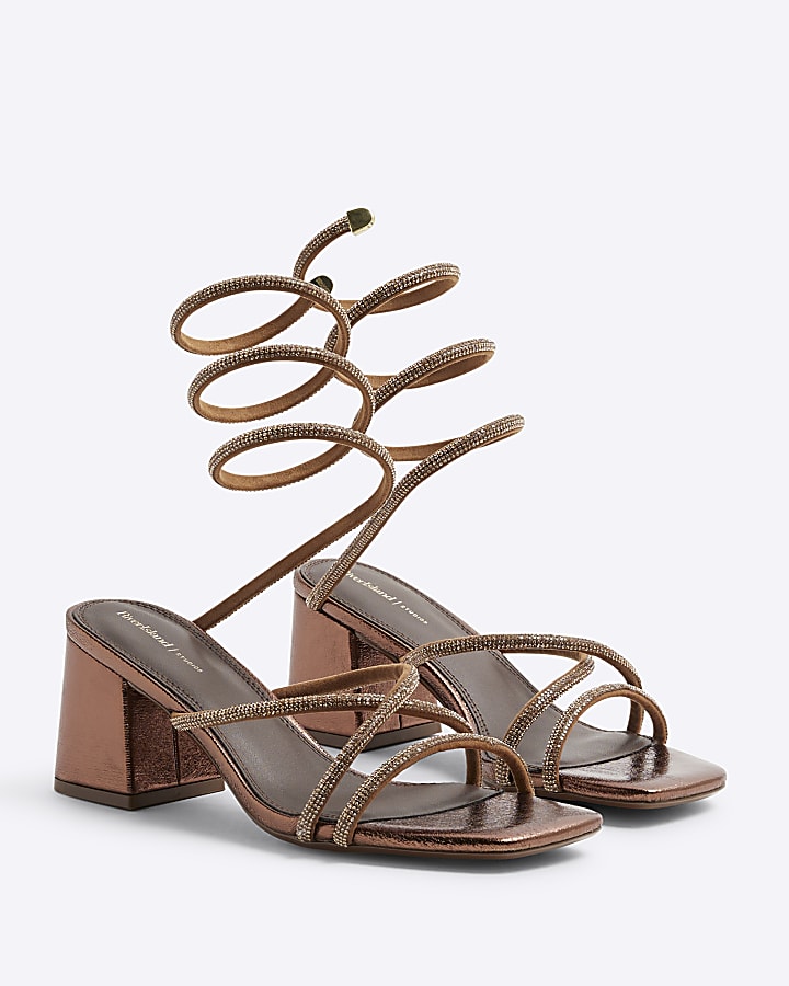 Bronze Swirl Diamante Block Heeled Sandals