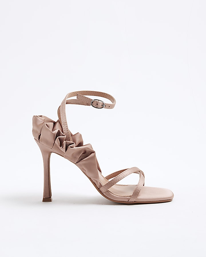 Pink Satin Ruffle Heeled Sandals