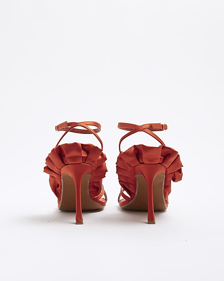 Red Satin Ruffle Heeled Sandals