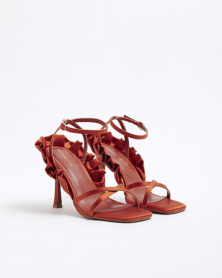 Red Satin Ruffle Heeled Sandals