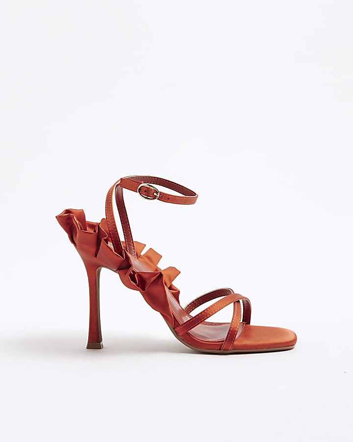 Red Satin Ruffle Heeled Sandals