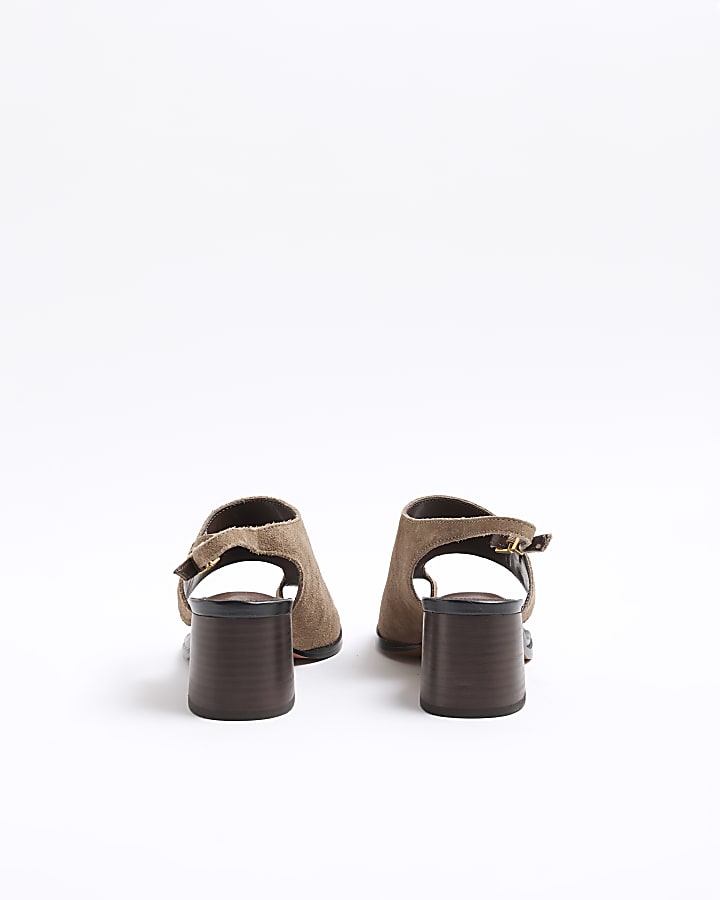 Brown Suede Toe Thong Block Heeled Sandals